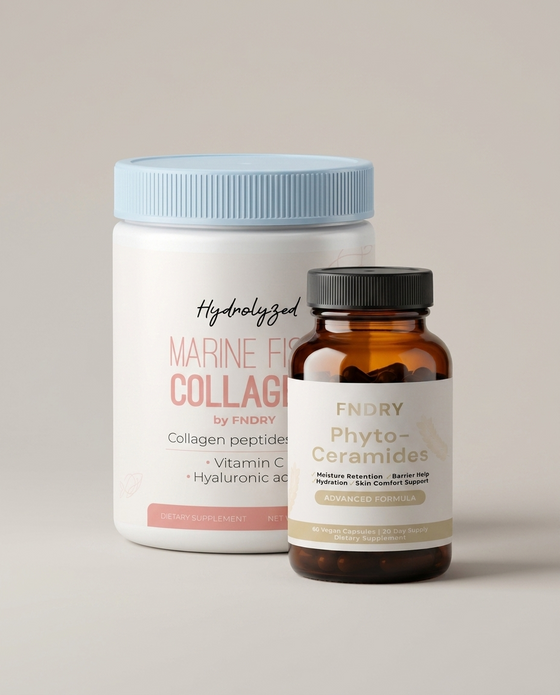 Marine collagen tub and phyto-ceramides bottle together on a warm grey studio backdrop