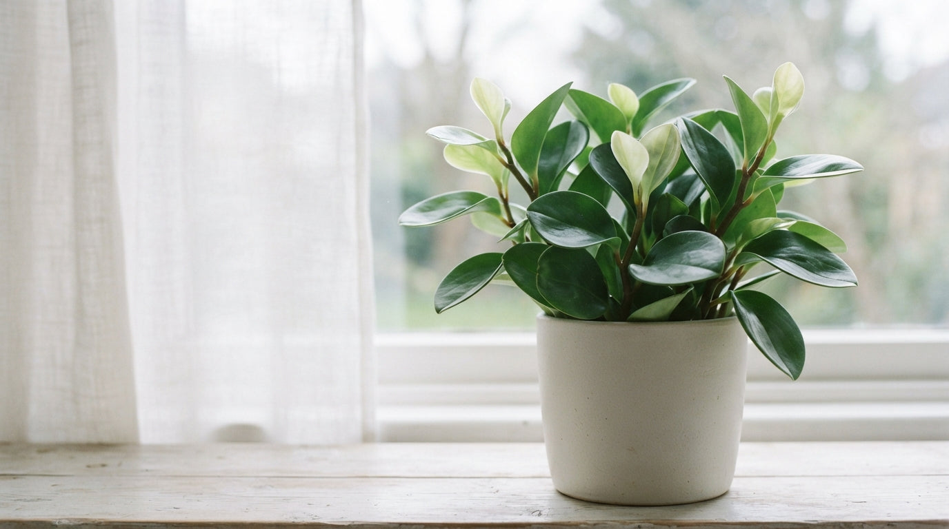 A leafy houseplant on a pale windowsill in bright overcast daylight, with pale new shoots at the growing tips.