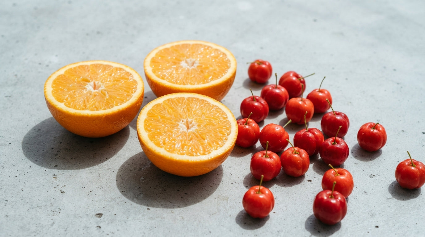 Halved oranges and a scatter of bright red acerola cherries on pale grey concrete in hard daylight.