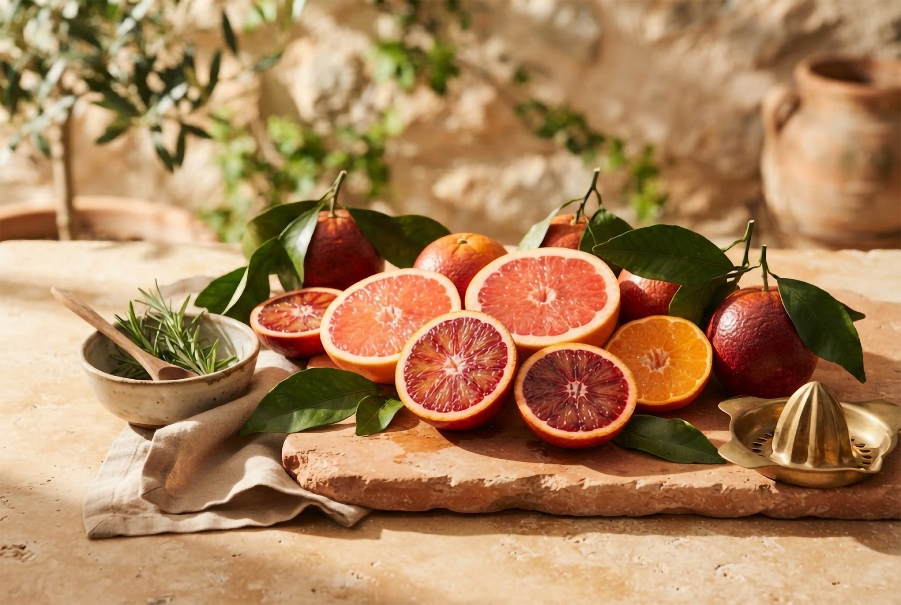 Halved blood oranges on a sunlit stone surface
