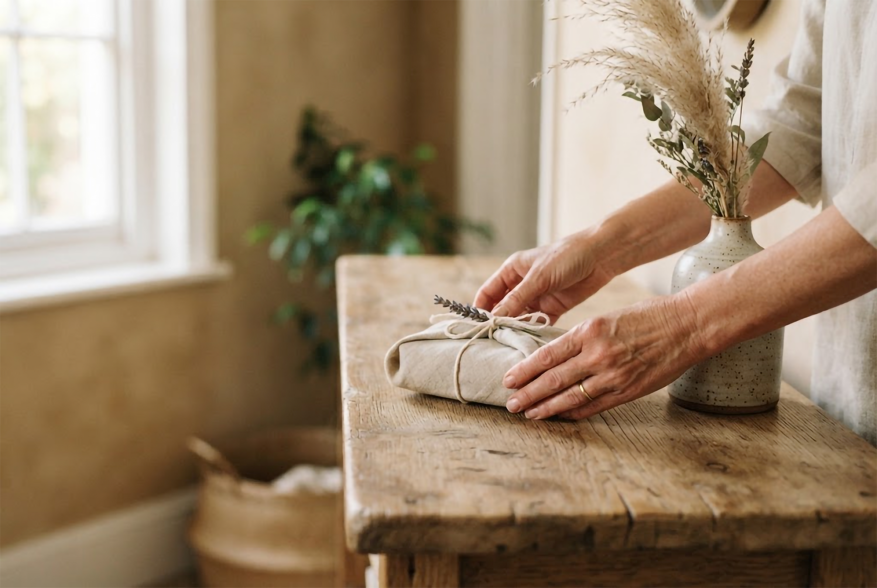 Hands placing a linen-wrapped parcel on a wooden entryway table