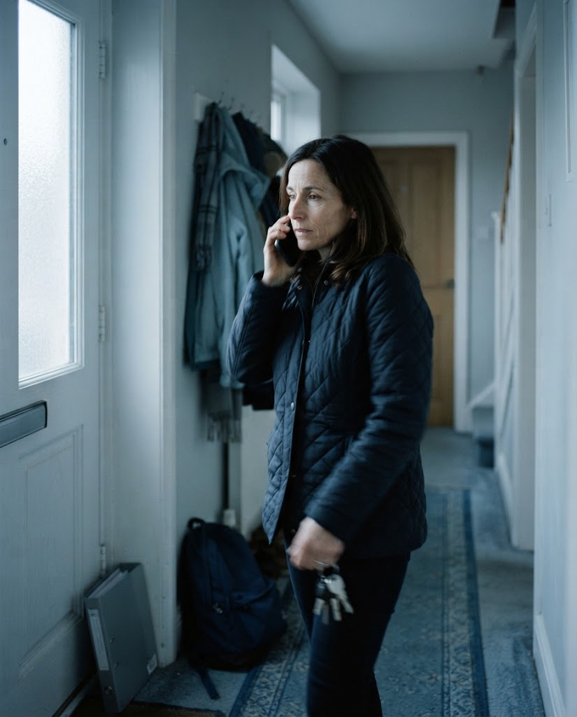 A woman in her forties pulling on a coat in a hallway at seven in the morning, a phone at her shoulder and keys in her hand.