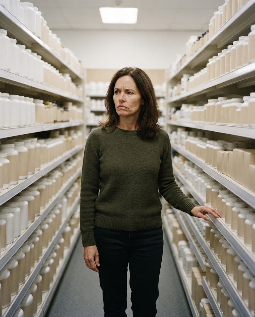 A woman in her forties standing alone in a supplement aisle lined with rows of plain unbranded tubs.