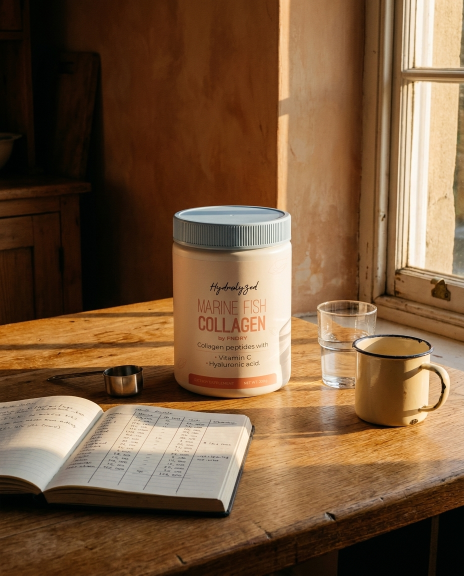 A FNDRY marine collagen tub on a worn kitchen table in golden afternoon light, beside an open notebook of handwritten figures and a measuring scoop.