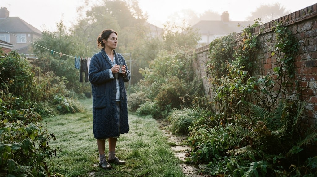 A woman in her forties standing in her back garden early on a misty morning, a mug of tea held in both hands.