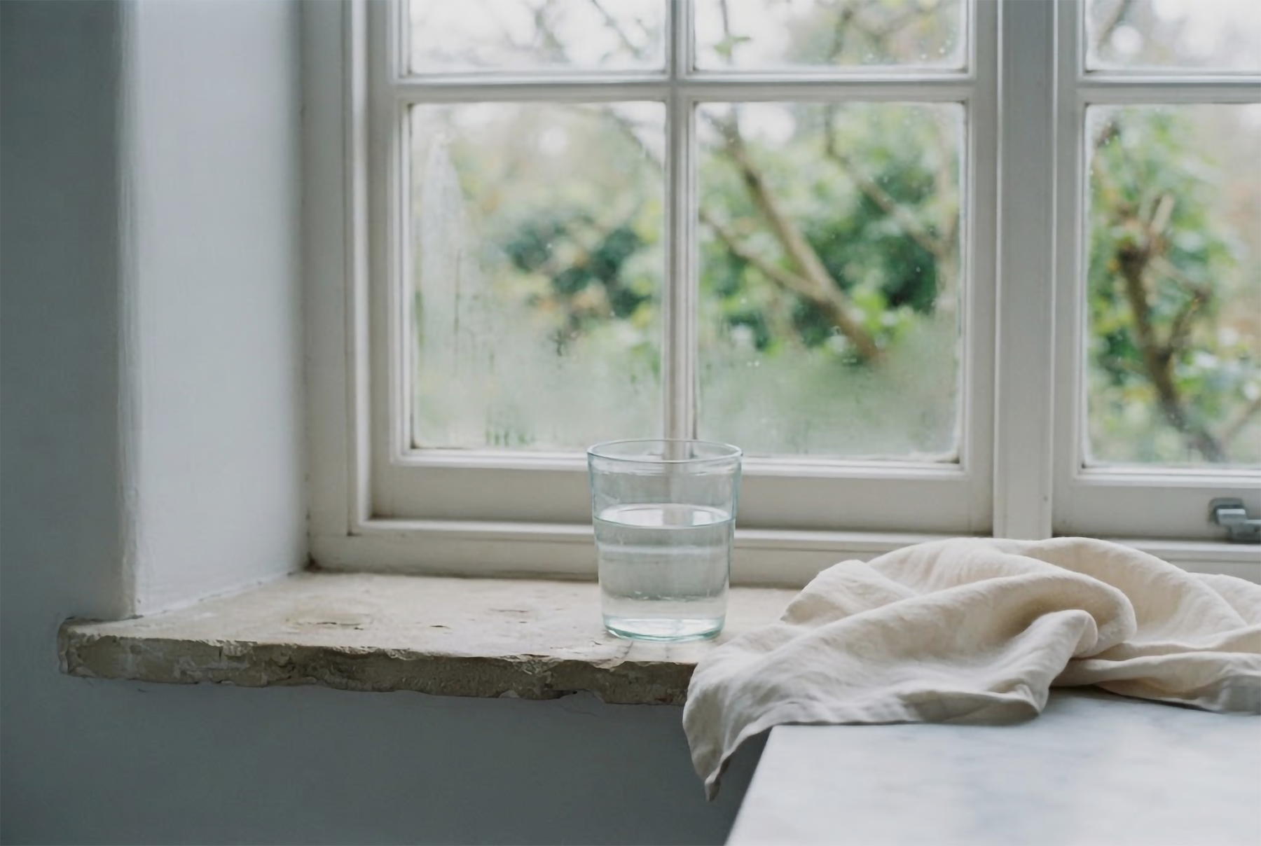 Glass of water and linen towel on a bright bathroom windowsill