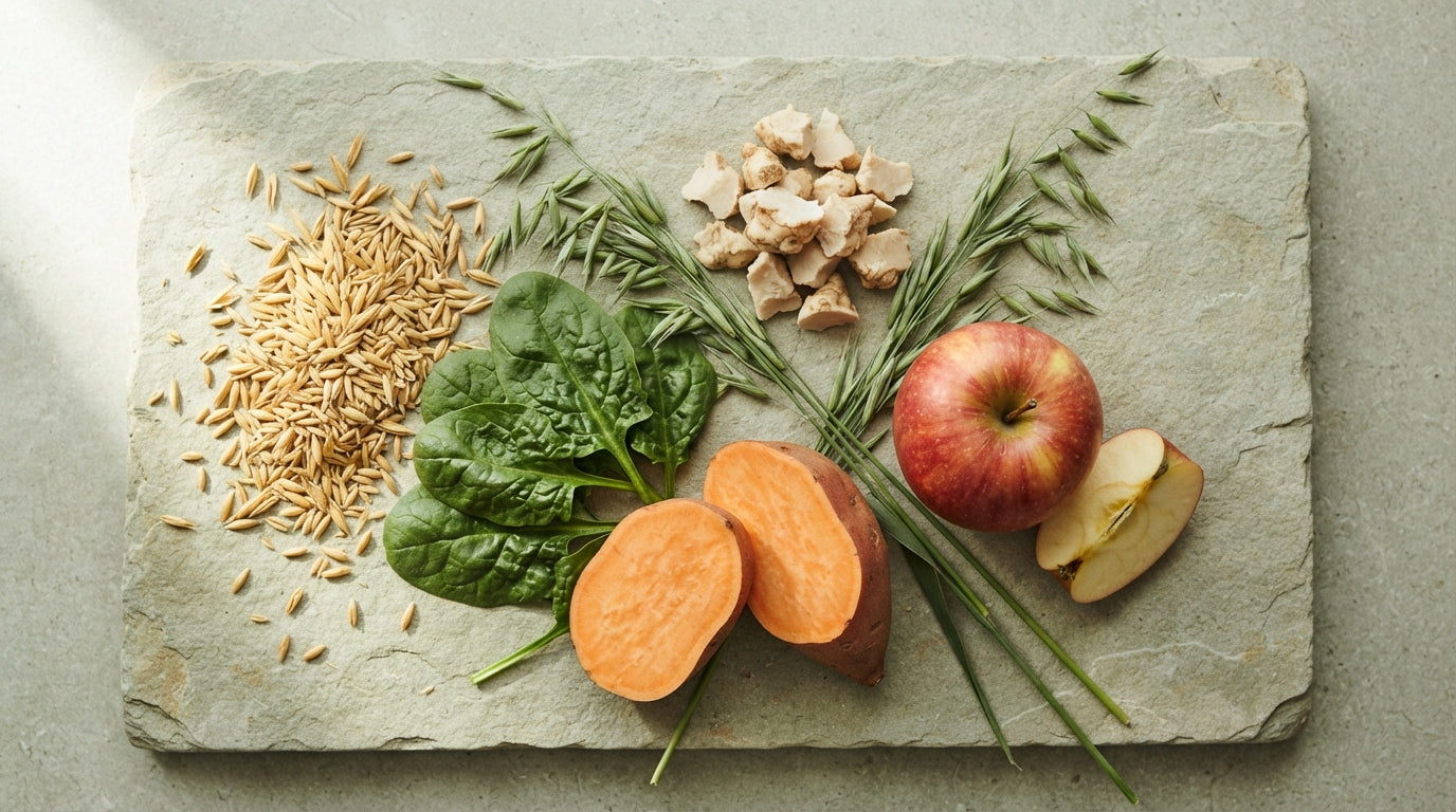 Oat grains, spinach leaves, sweet potato, apple, konjac root and oat straw laid out on a stone slab