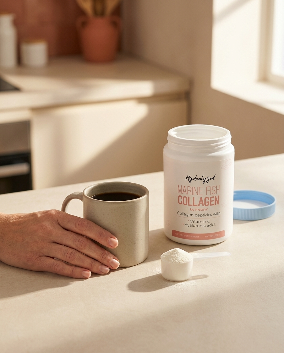 An open tub of FNDRY marine collagen on a kitchen counter beside a scoop of powder and a mug of coffee