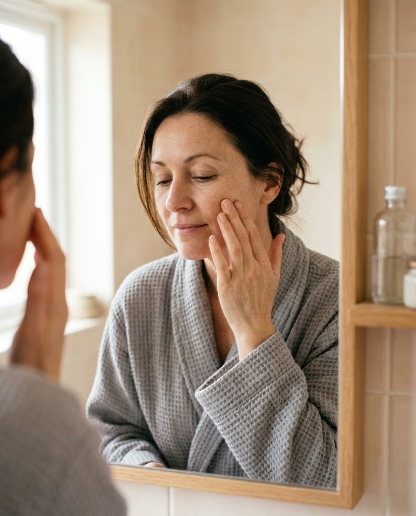 A woman in her forties pressing moisturiser into her cheek at a bathroom mirror