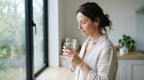 A woman in her forties at a sunlit kitchen counter, holding a glass of water