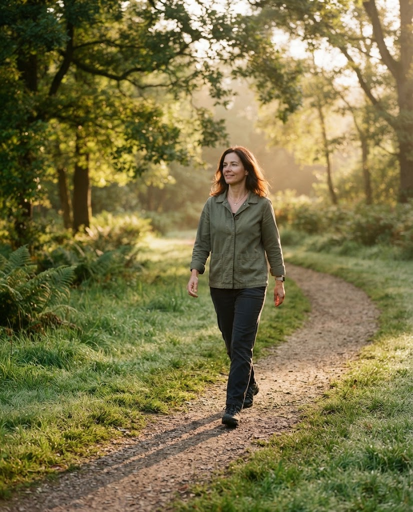 A woman in her forties walking along a green park path in early morning light