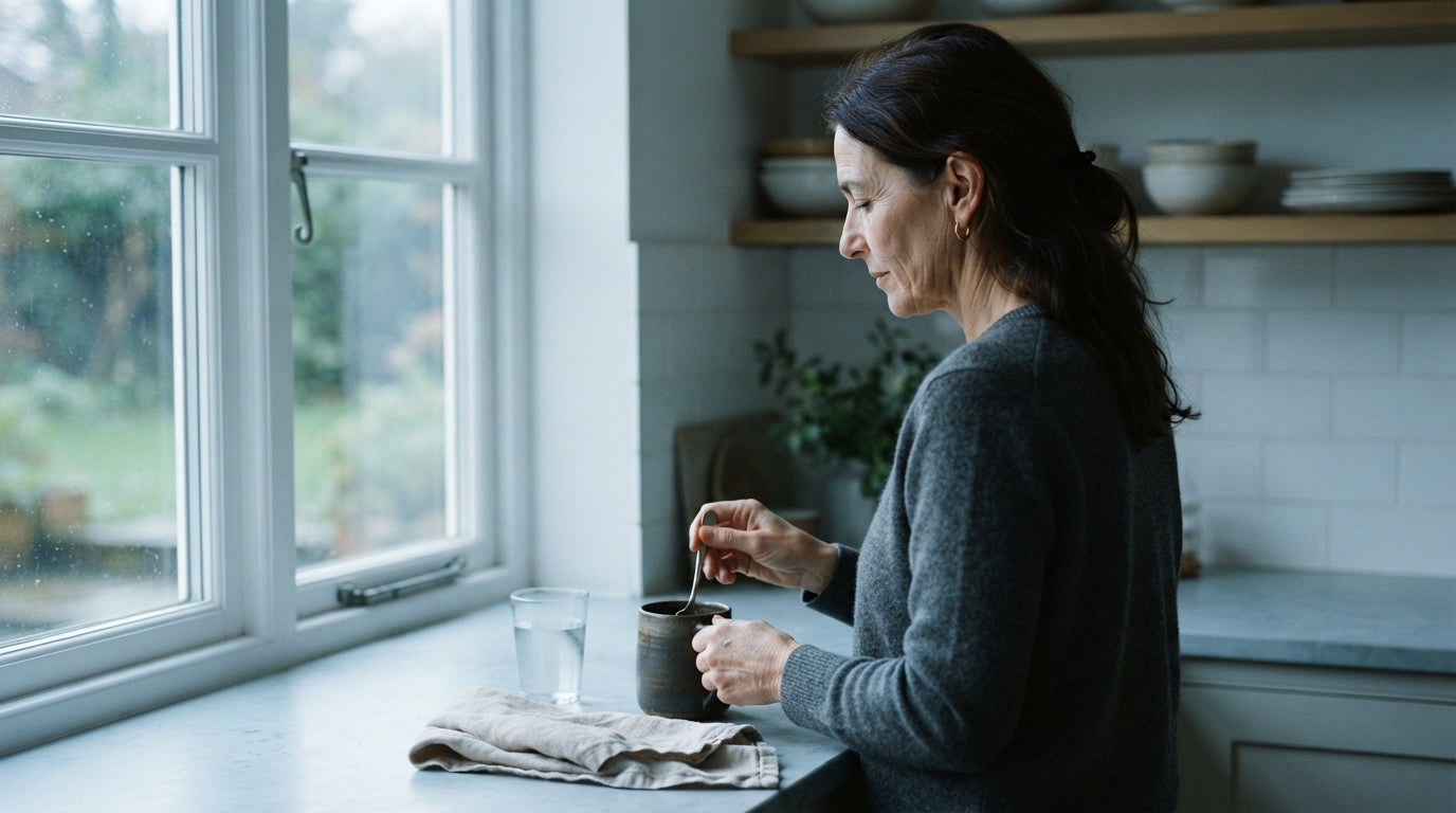 A woman stirring a mug at a kitchen worktop in cool early-morning daylight