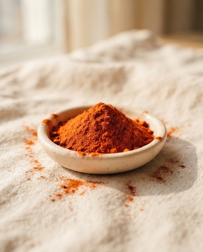 Vivid orange-red microalgae powder heaped in a small pale ceramic dish on cream linen, with a light scatter of powder beside it