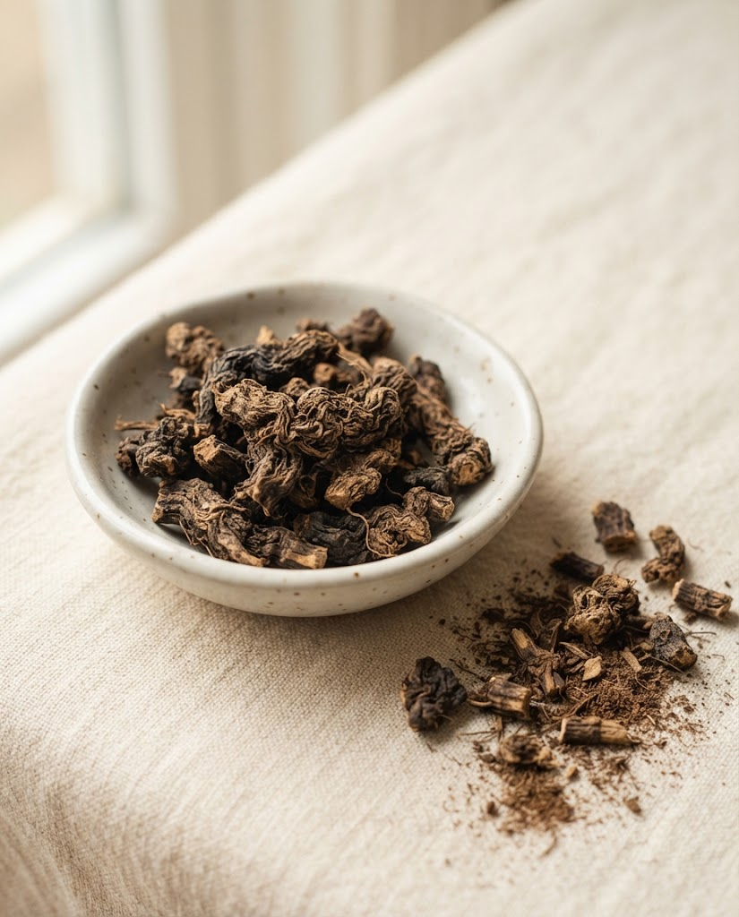 Dried black cohosh root, dark and fibrous, broken into pieces in a pale ceramic dish on cream linen