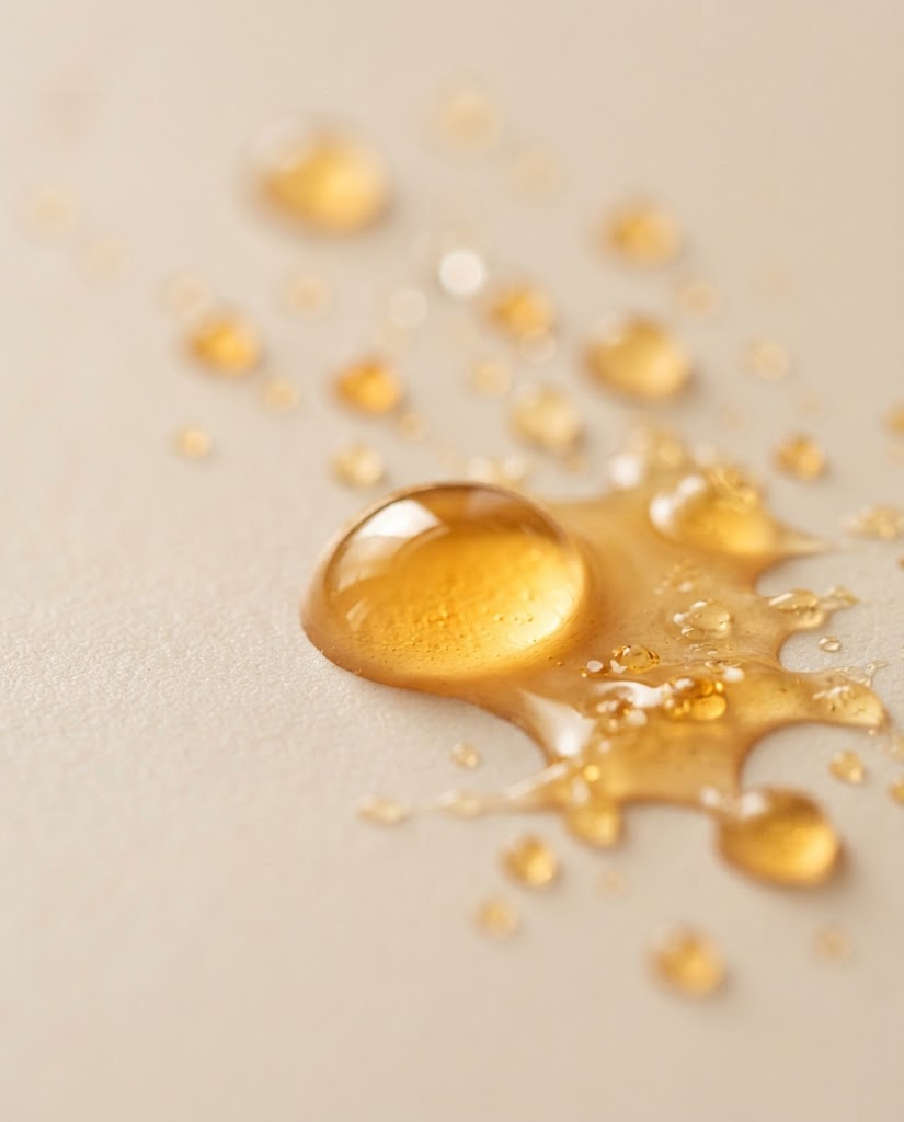 Macro of warm golden-amber oil beading and pooling on a smooth pale surface, one large droplet holding a bead of light