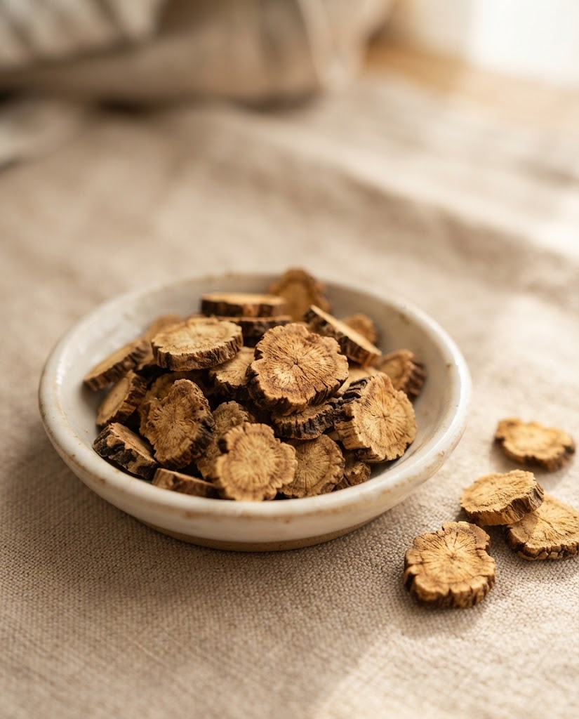Dried angelica root cut into thin amber rounds in a small cream ceramic dish on warm linen