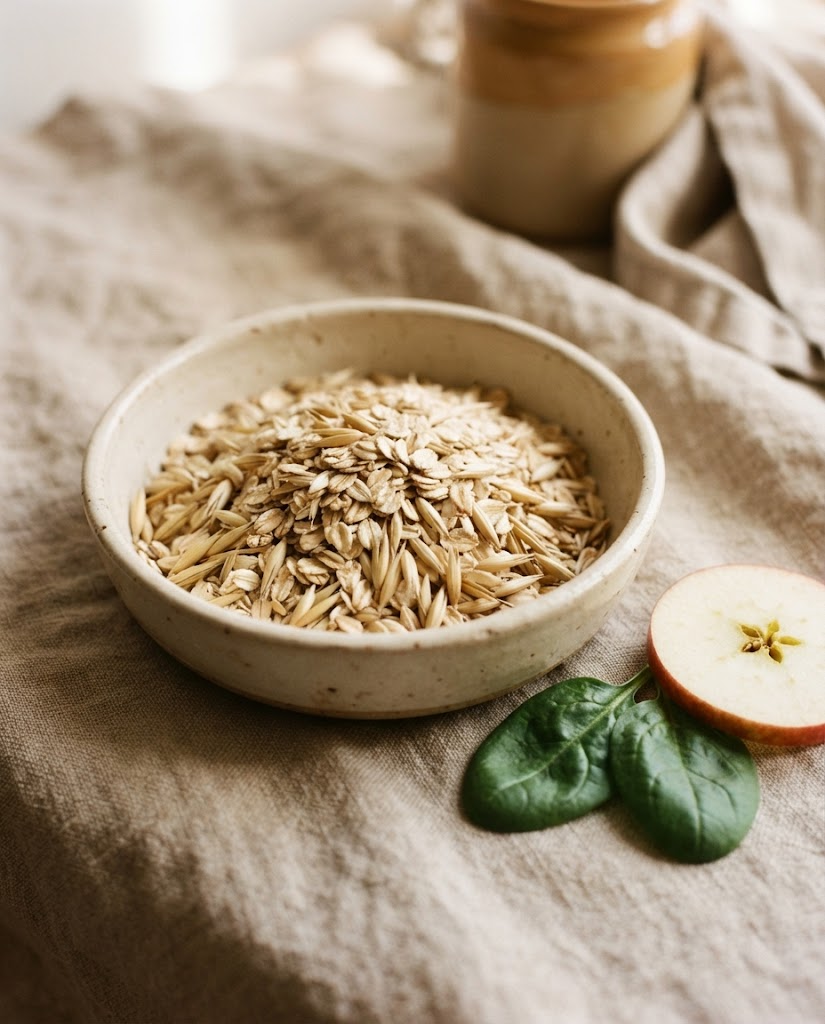 Rolled oats and oat hulls in a cream ceramic dish on linen, with fresh spinach leaves and a slice of apple beside it