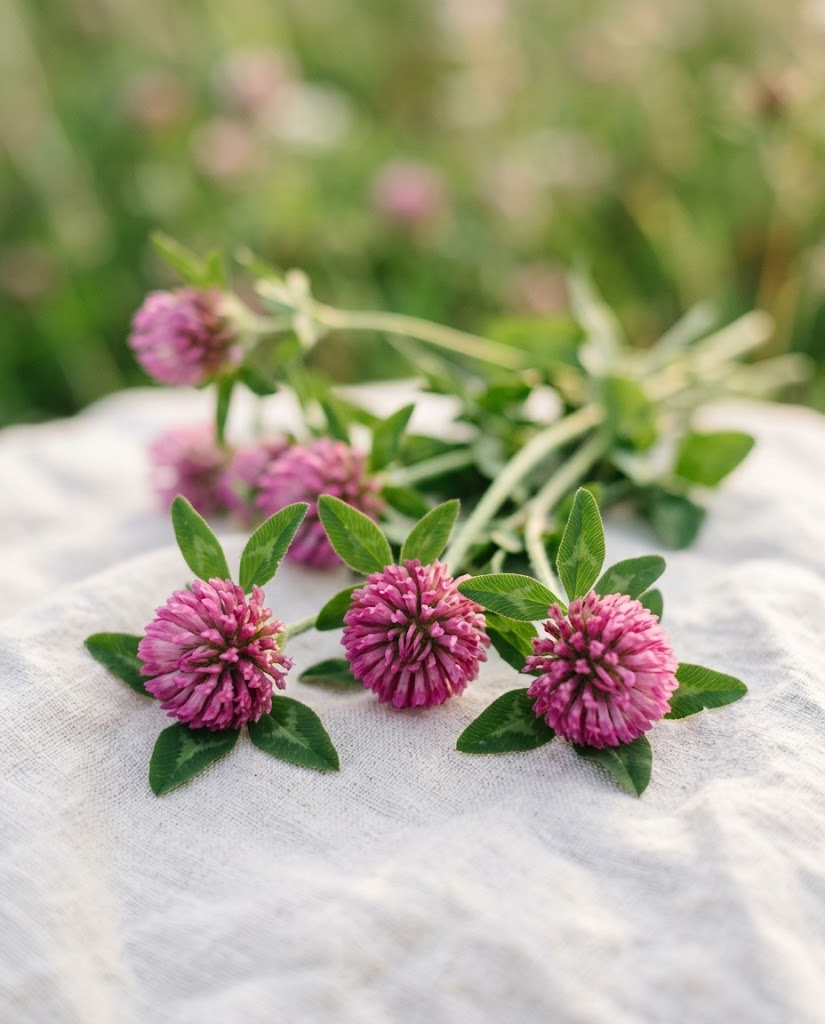 Fresh rose-pink red clover blossoms with their leaves gathered on cream linen against a soft green meadow blur
