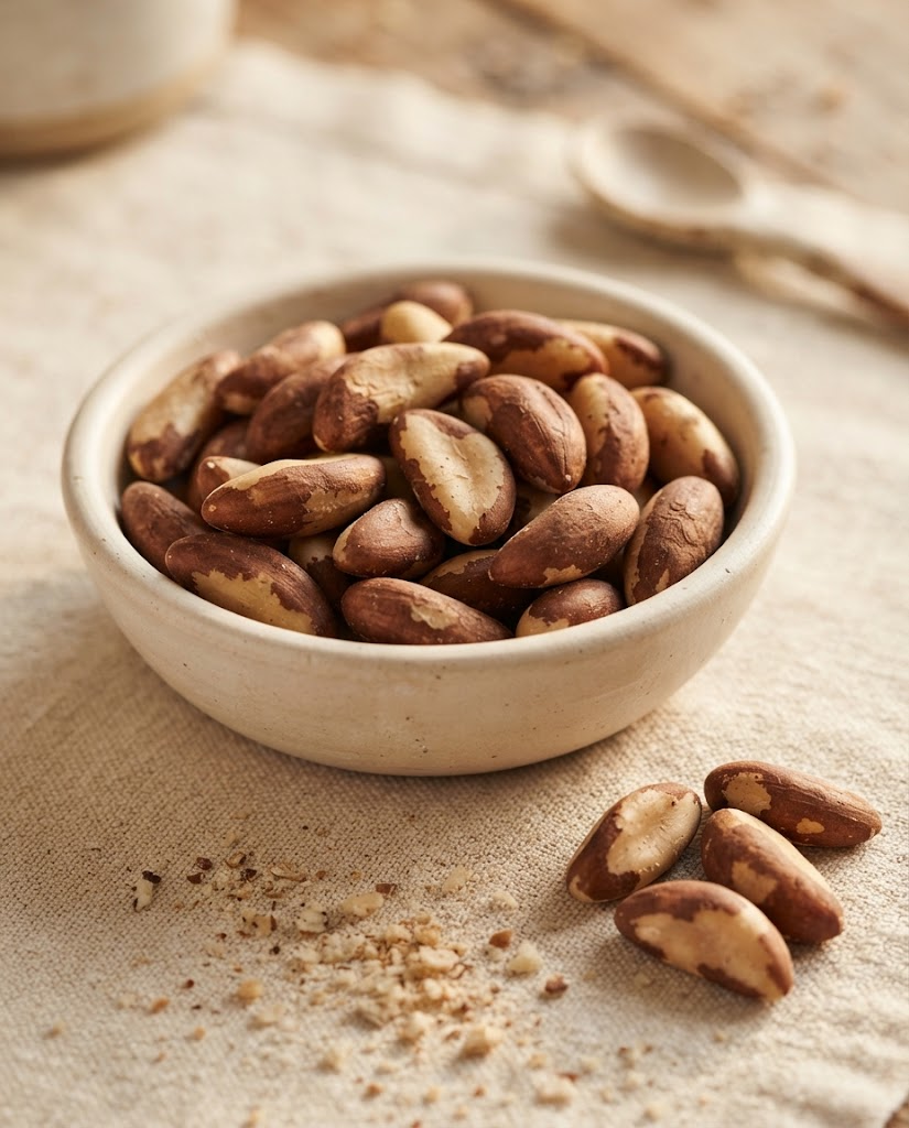 Shelled Brazil nuts in a shallow pale ceramic dish on cream linen, lit by soft raking daylight