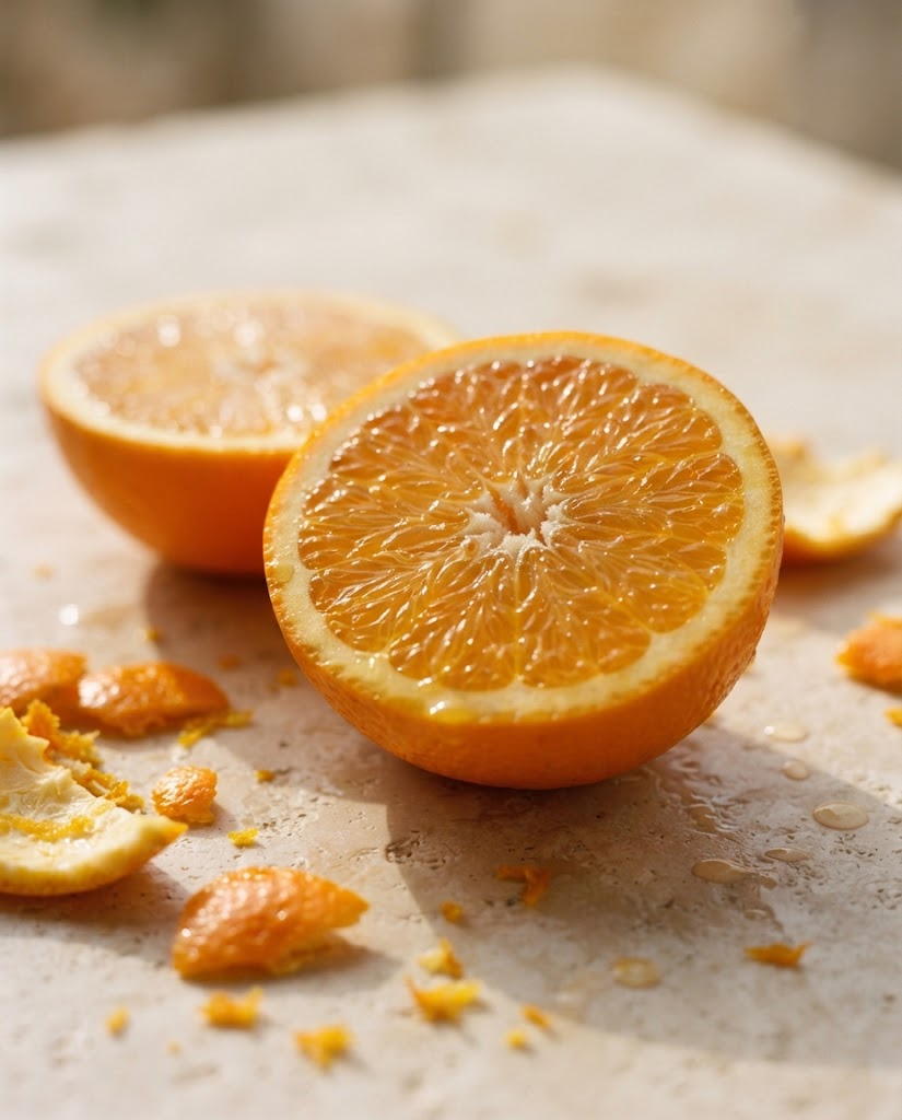 Two halved oranges on pale cream stone with scattered peel, backlit by warm morning sun so the flesh glows amber