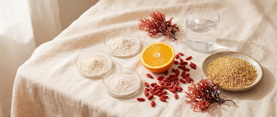 Raw supplement ingredients laid out on cream linen: dishes of pale powder, a halved orange, red berries, golden grains, dried red seaweed and a glass of water