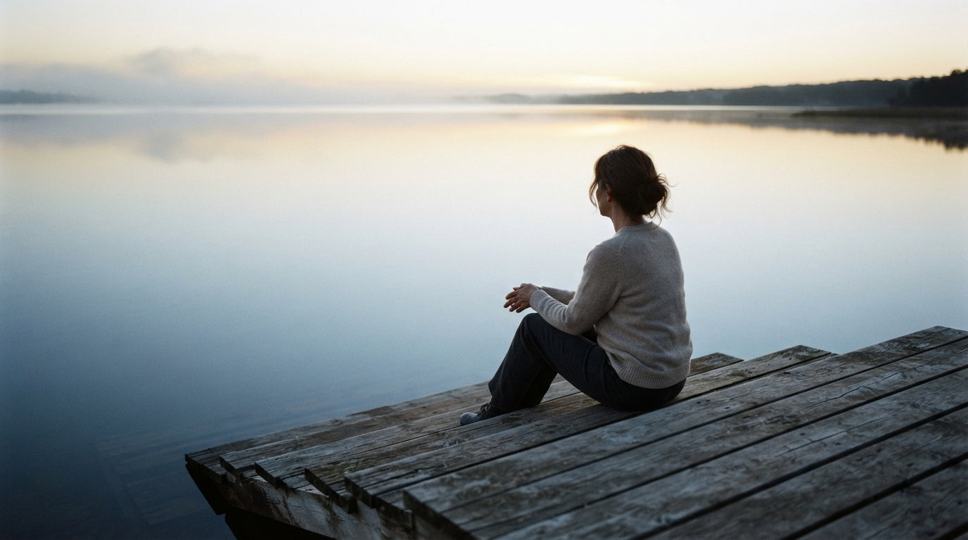 A woman in her forties sitting alone at the end of a wooden jetty, looking out over flat, calm water at first light.