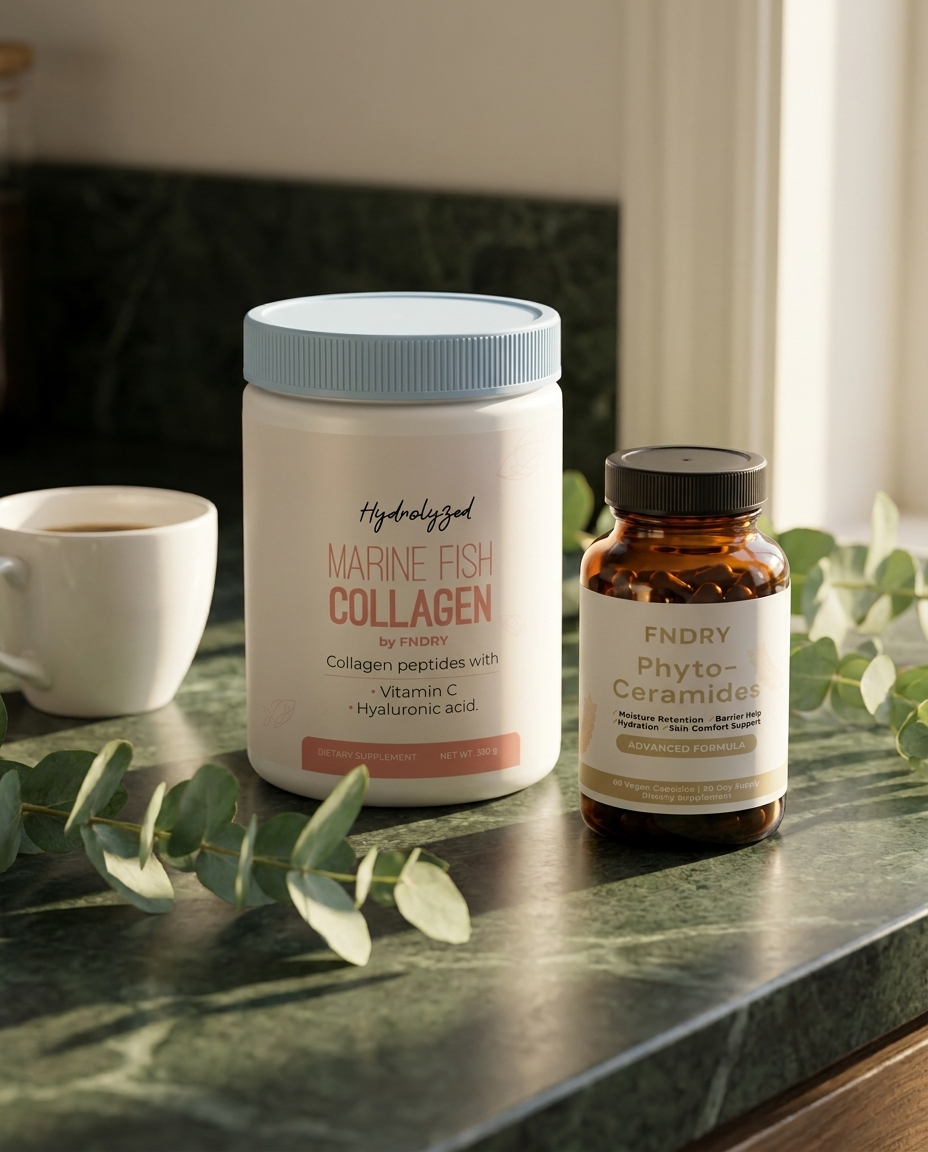 Marine collagen tub and phyto-ceramides bottle on a green marble counter with coffee and eucalyptus