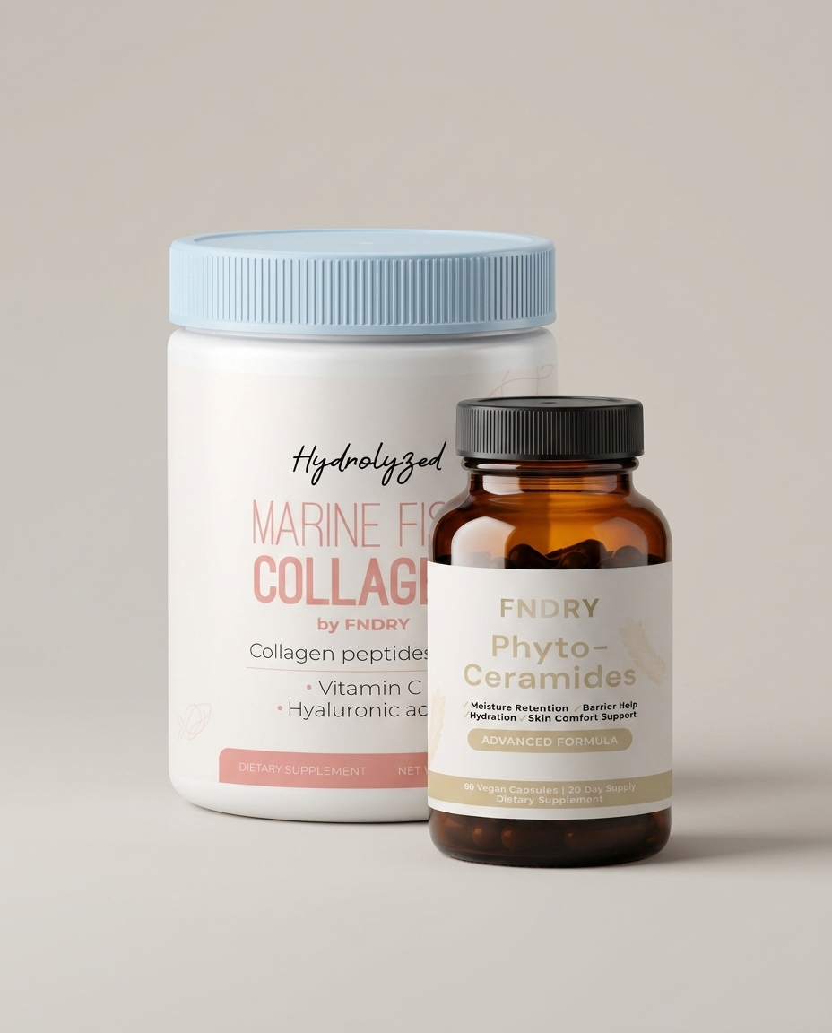 Marine collagen tub and phyto-ceramides bottle together on a warm grey studio backdrop
