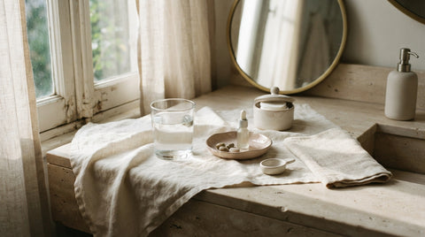 Morning light on a bathroom vanity: linen, a glass of water and a ceramic dish by the window