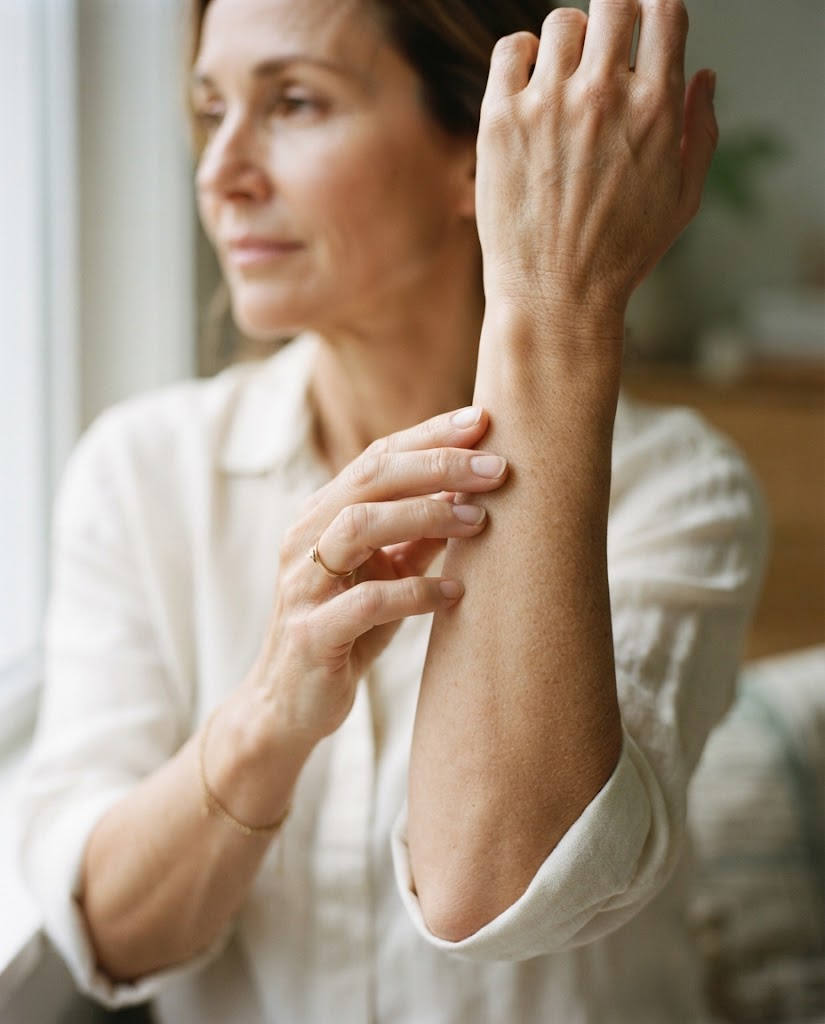 A woman in her late forties feeling the skin of her forearm with her fingertips