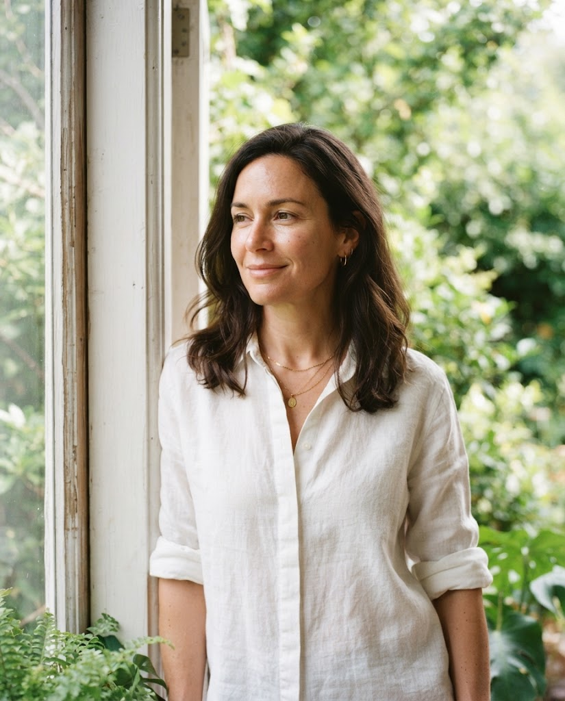 A woman in her early forties by a window full of green garden light, relaxed and glancing away