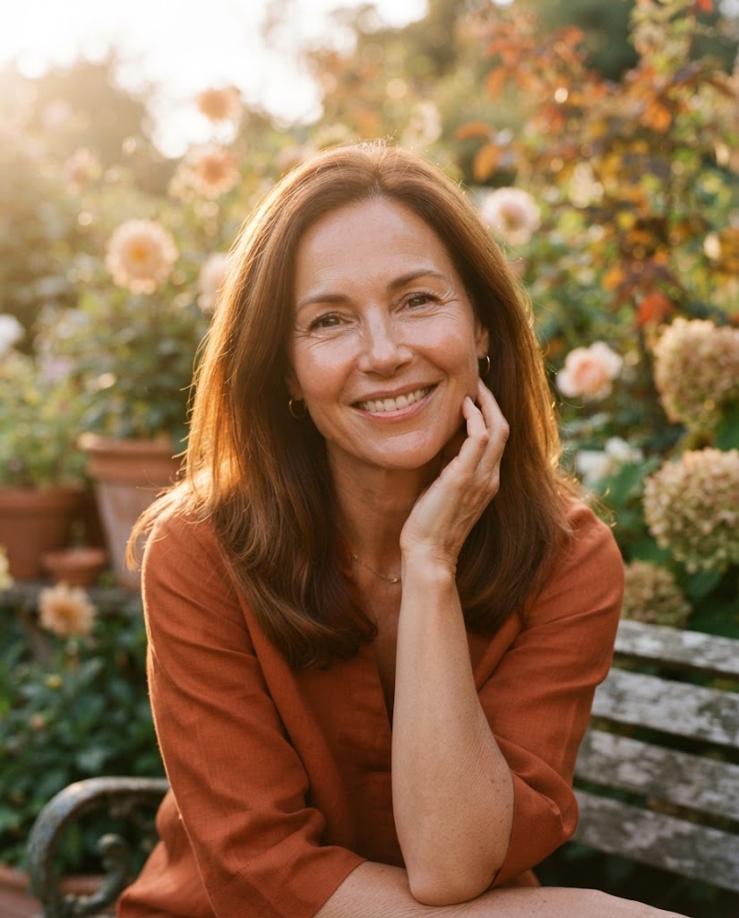 A smiling woman in her mid forties in warm golden-hour light in a garden