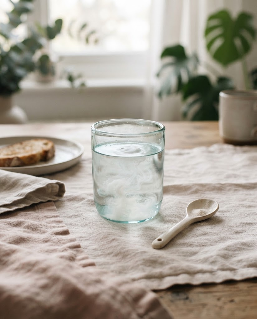 Collagen powder dissolving into a glass of water on a linen breakfast table