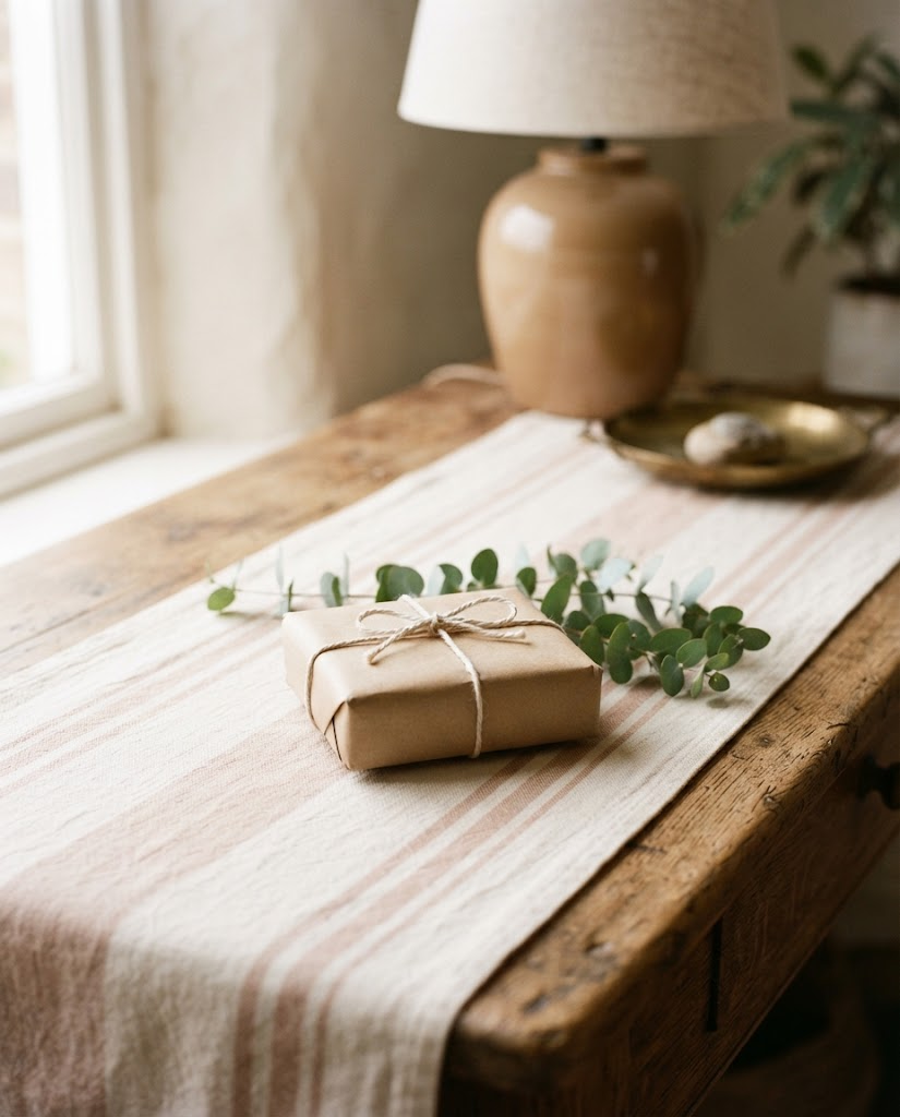 A kraft paper parcel tied with string on a linen runner beside eucalyptus stems